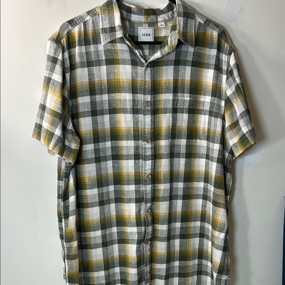 ROWM Men's Plaid Short sleeve Shirt in‎ Green and Yellow Size Large